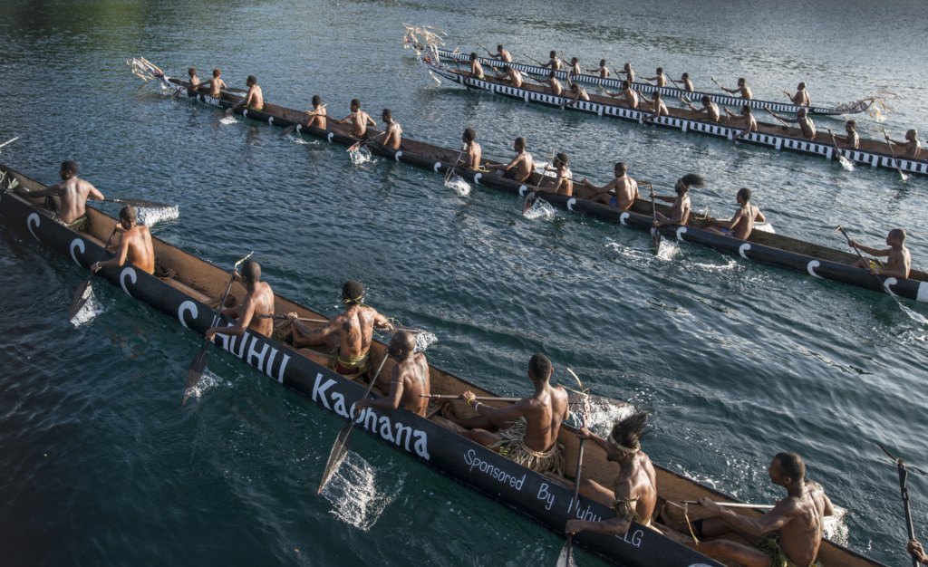 Wagawaga war canoes, 2018. Amanda Cotton / PNG Tourism.