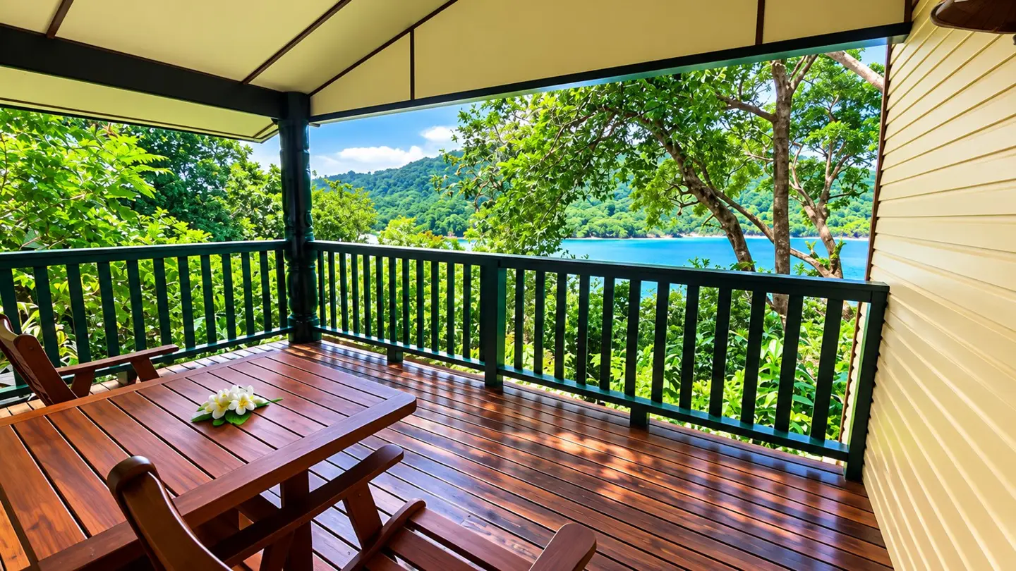 Timber veranda and tropical greenery at Tawali Resort.