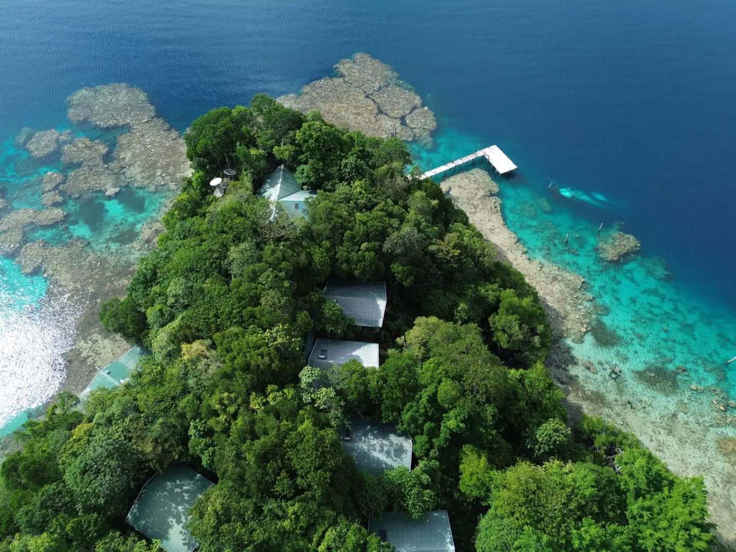 Aerial view of Tawali Resort and its reef