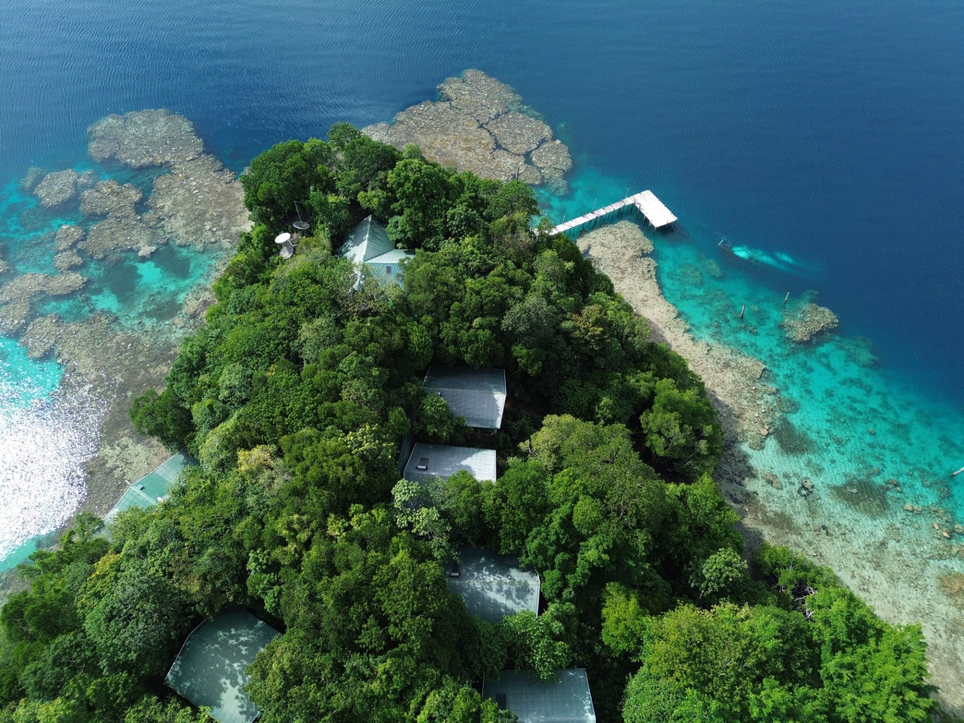 Aerial view of Tawali Resort and its reef