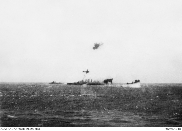Japanese aircraft attacking HMAS Australia during the Battle of the Coral Sea.